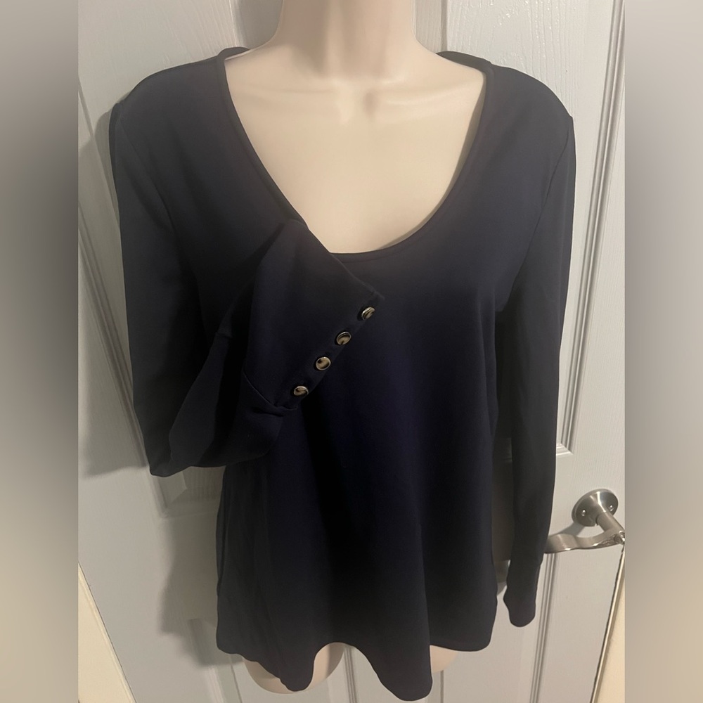 Ann Taylor Navy Blue Long Sleeve Tee Cuff Button Details Size Large